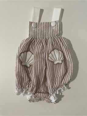 Busy Bee Smocks - Striped Shell Appliqué Baby Bubble Romper - Cream and Tan